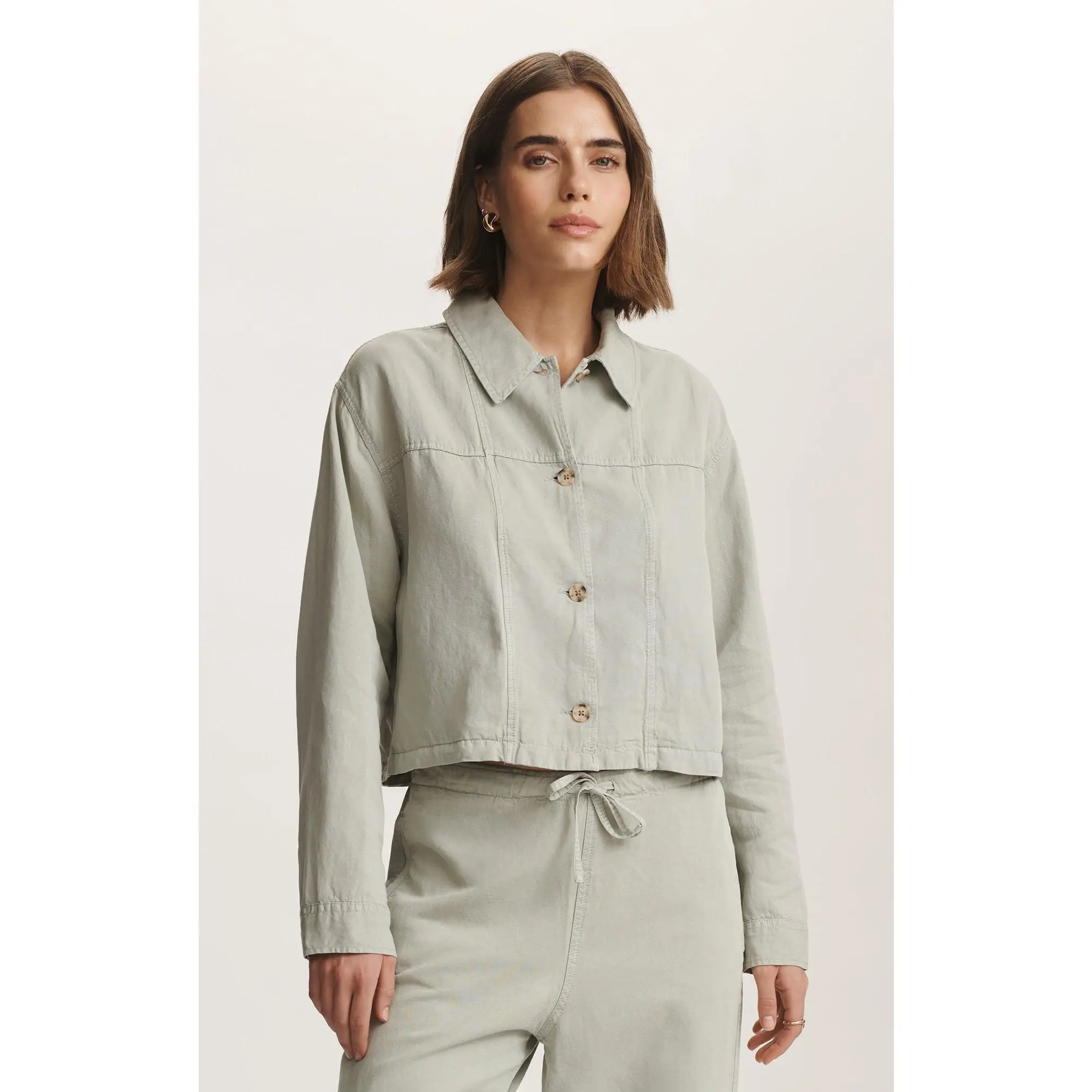 Women's Tencel Blend Overshirt, Soft Touch Boxy Cropped Button Down Top with a Drawstring Hem, Blouses, Fabric