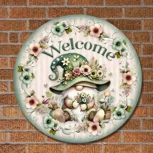 Aluminum Welcome Gnome Sign for Home Garden Porch Wall Decor - Rustic Farmhouse Style with Mountable Holes on All Sides as Housewarming Gift