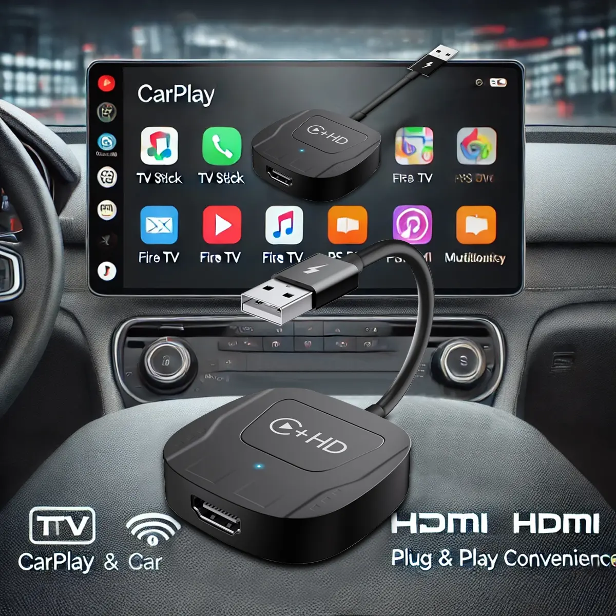CarPlayTV Adapter - Supports TV Stick, Connects to Vehicle's Infotainment System, HDMI Projection, Compatible with Car Entertainment Systems