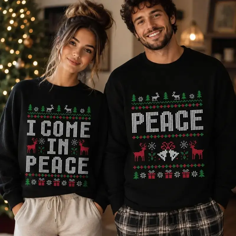 Christmas Couple Sweatshirt - T-shirt, I Come in Peace Funny Holiday Crewneck, Matching Christmas Sweaters for Men Women, Ugly Christmas Sweater, Xmas Gift for Couples