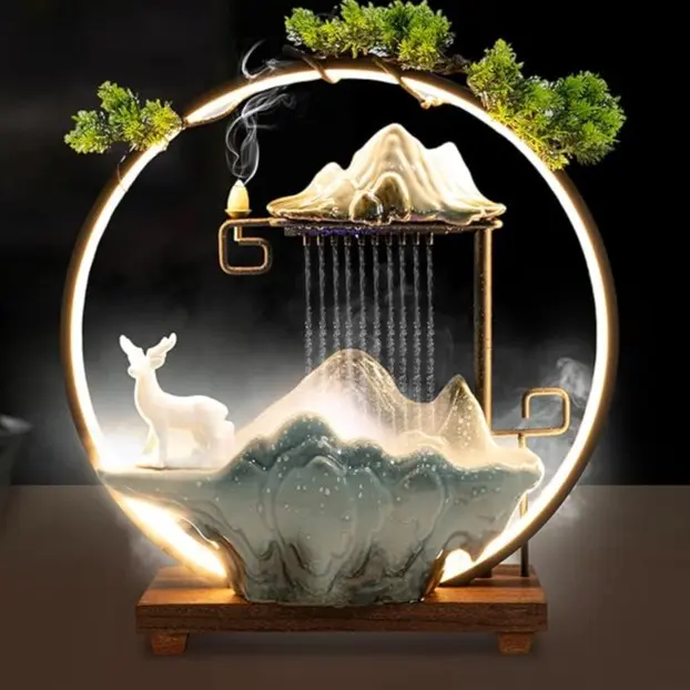 CNCEST Tabletop Fountain - Indoor Modern Ceramic-Wooden Water Flow Decor, Circle-Shaped Cloud Luck Symbol with Glowing LED Ring, Rocks & Tree Scene for Retro Desktop Relaxation, Wedding Accents