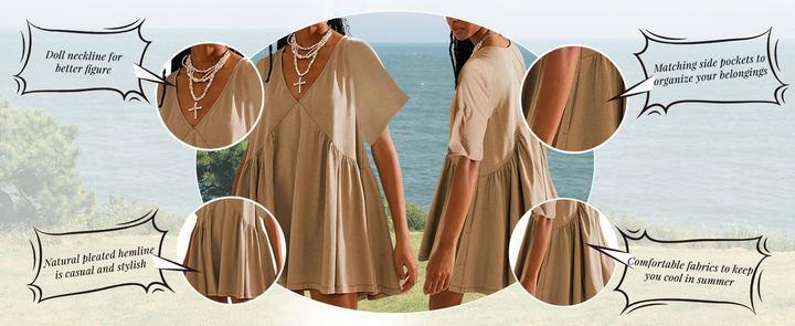 Mundoven Womenswear Summer Mini Dress Casual Shortsleeve basic Loose V Neck Swing beach Sundress with Pocket