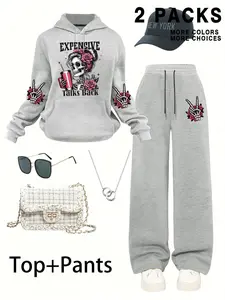 Fashionable Skull Girl Hoodie Set for Tweens, Halloween, Loose-Fit Drawstring Hooded Top & Straight Leg Pants, Comfortable Street Style