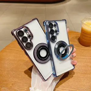 Designed for Samsung S24 Ultra case, featuring a unique 360° rotatable diamond-encrusted magnetic metal ring stand. Made from high-end materials for strong protection and a perfect fit. Available in black, purple, blue, and silver with an elegant design.