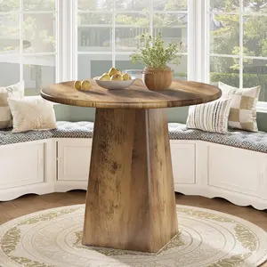 Tribesigns Rustic Brown 31.5-Inch Round Dining Table for 2-4 with Square Base, Farmhouse Style for Kitchen and Living Room