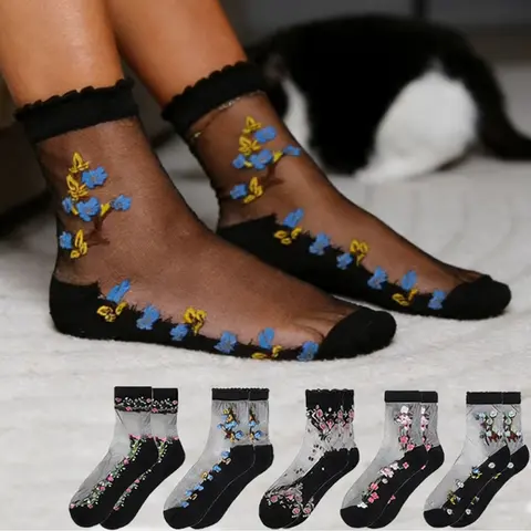 Womens Black Sheer Mesh Socks Ultrathin Fishnet Floral Lace Ankle See Through Socks Summer Transparent Dress