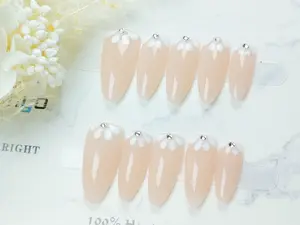 Medium Almond Pure Handmade Press-On Nails — Nude French Style with Rhinestones, Reusable Handmade Manicure，press on  nail，False nailss