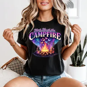 Women’s Classic Short Sleeve Graphic T-Shirt - Purple Northern Lights "Meet Me at the Campfire" Campfire Edition - Black - Cotton