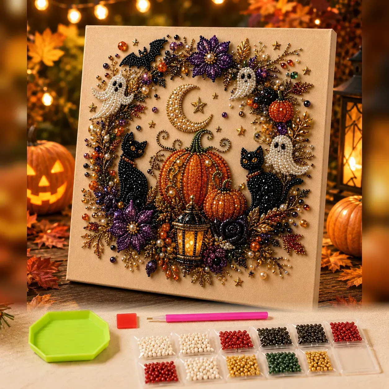 Spooky Cute Ghost 3D Diamond Painting DIY Kit, Small Size No light Pearl Themed 8inx8in, Multipurpose Fall Season Handicraft Set, Aesthetic Wall Art Furnishing Accessory for Household Indoor Decoration & Holiday Party Present