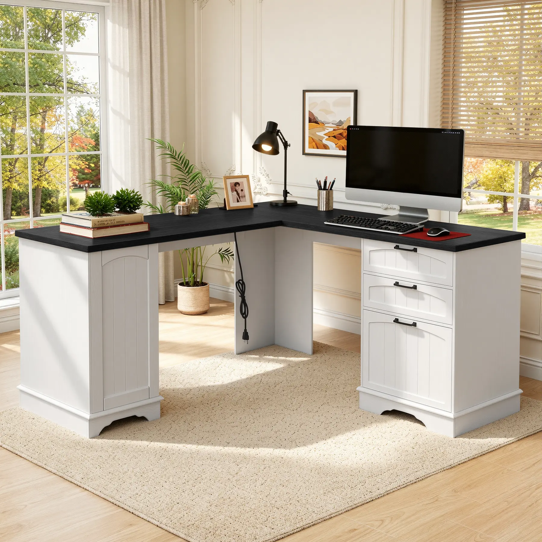 [Shipped in two packages] 59" Farmhouse L Shaped Desk, Large Office Computer Desk with Power Outlets,Storage Cabinet & Double Pedestal, Home Office Desk for Work, Study, Writing