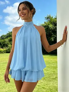 Women's Summer Vacation Outfit: Slim Fit Sexy Backless Halter Neck Top Paired with a Fluffy Mini Skirt and Solid Color Short Dress