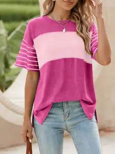A women's color-blocked pullover round-neck casual striped short-sleeved T-shirt top, suitable for summer, suitable for street wear and home wear.