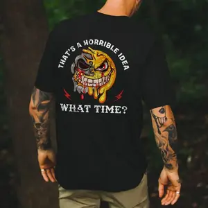 Gildan Men's Short-Sleeve Casual Streetwear Top, "That's a Horrible Idea" Broken Emoji Skull Black Print T-Shirt, Menswear