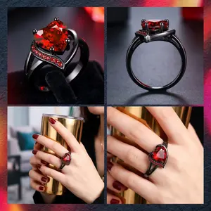 Statement Ring Style European-American Costume Jewelry Ring, Electroplated Gunmetal, Red Heart Inlay, Simple Design
