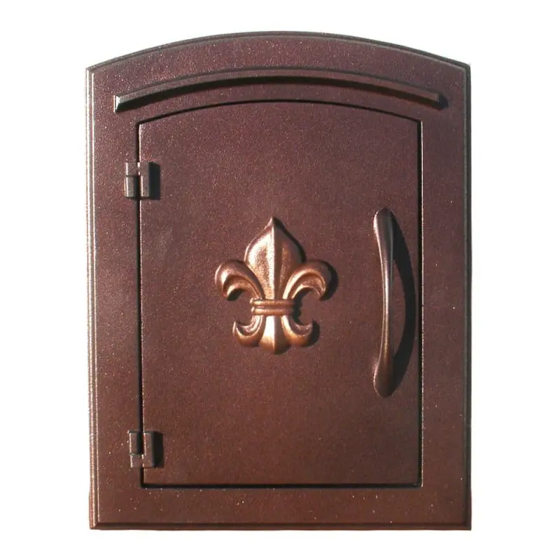 12 in. Manchester Security Drop Chute Mailbox with Decorative Fleur De Lis Logo Faceplate - Antique Copper