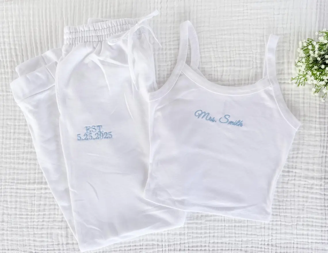 Bride Pajama Set, Personalized Mrs Pajamas, 2 Piece Bridal Lounge Set, Wedding Pajamas, Tank Shirt Jogger Set