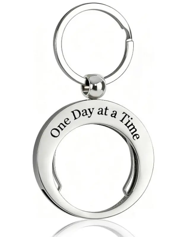 Sturdy Stainless Steel Sobriety Coin Holder - One Day at a Time AA Coin Keychain - Displays Two Side of Sober Token Medallion Pendant Jewelry - Silver Insert Sobriety Chip Key Ring Gifts