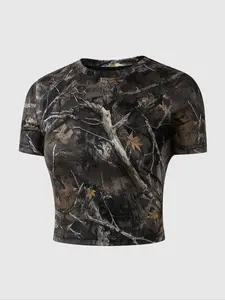 Women's Leaf Print Round Neck Crop Tee, Casual Short Sleeve Crew Neck T-shirt for Summer, Fashion Women's Top for Daily Wear, Graphic Tees Women