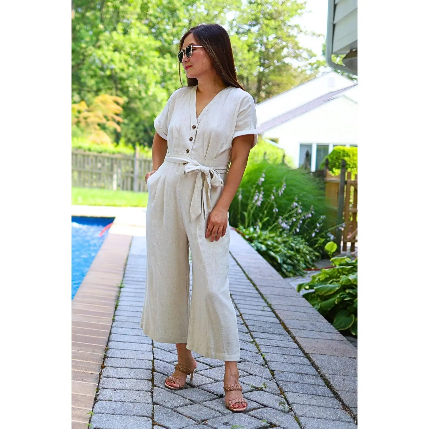 Petite Linen Blend Button Front Jumpsuit (Natural)