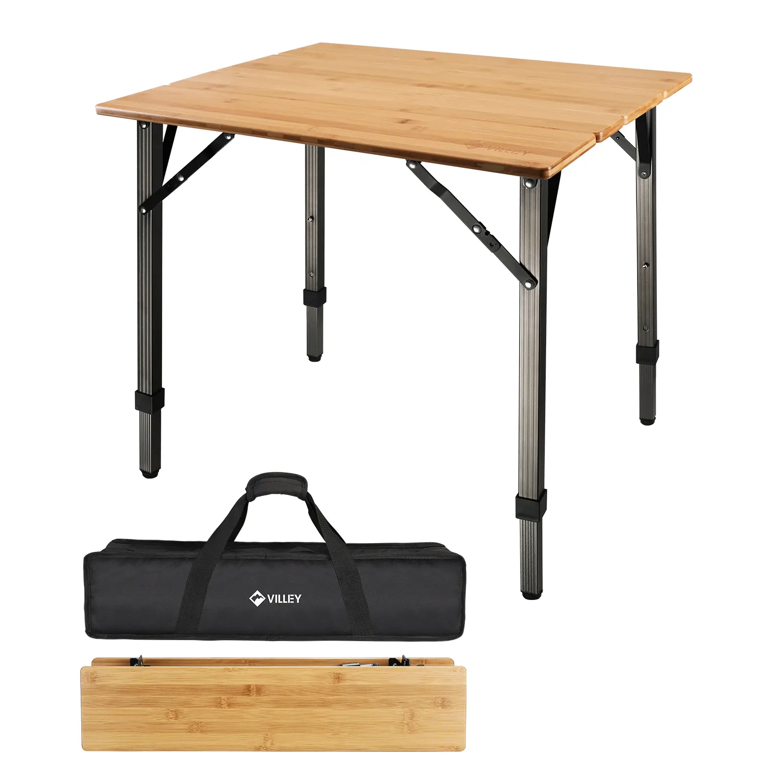 #backtoschool VILLEY Bamboo Folding Table, Portable Camping Table with Aluminum Adjustable Legs and Carry Bag, Heavy Duty 176 lbs Table for Travel RV Picnic Cooking Beach Outdoor and Indoor