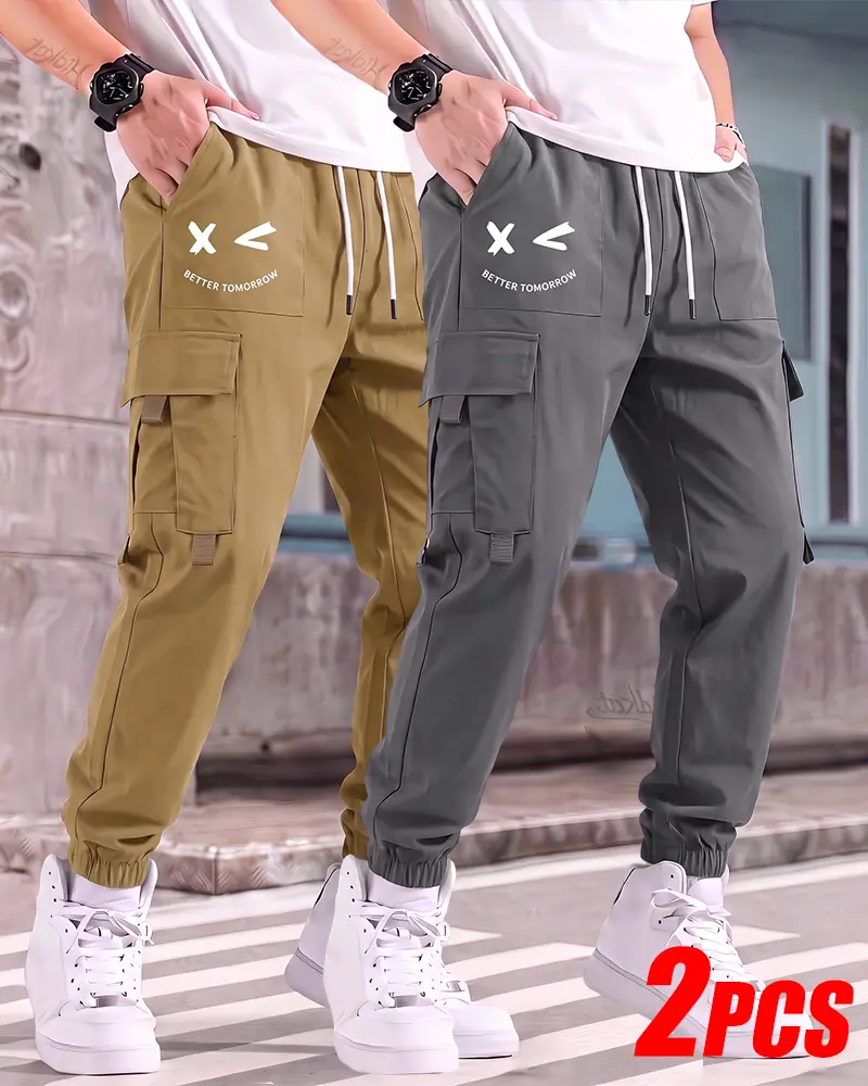 2 -Pack Utility Jogger Cargo Pants, Complete Elastic Drawcord Waist, Multi Storage Cargo Pockets, Minimal Back Graphic Print, Lightweight Quick Dry Solid Labor Trousers Multi Pack