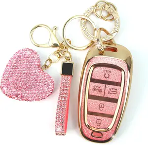 Key Fob Cover with Diamond Keychain Fit for Hyundai Car Key Holder Case Compatible with Hyundai 2023 2022 2021 2020 Sonata Santa Fe Tucson Smart Remote Key Protector, 5 Buttons (Pink-Heart)