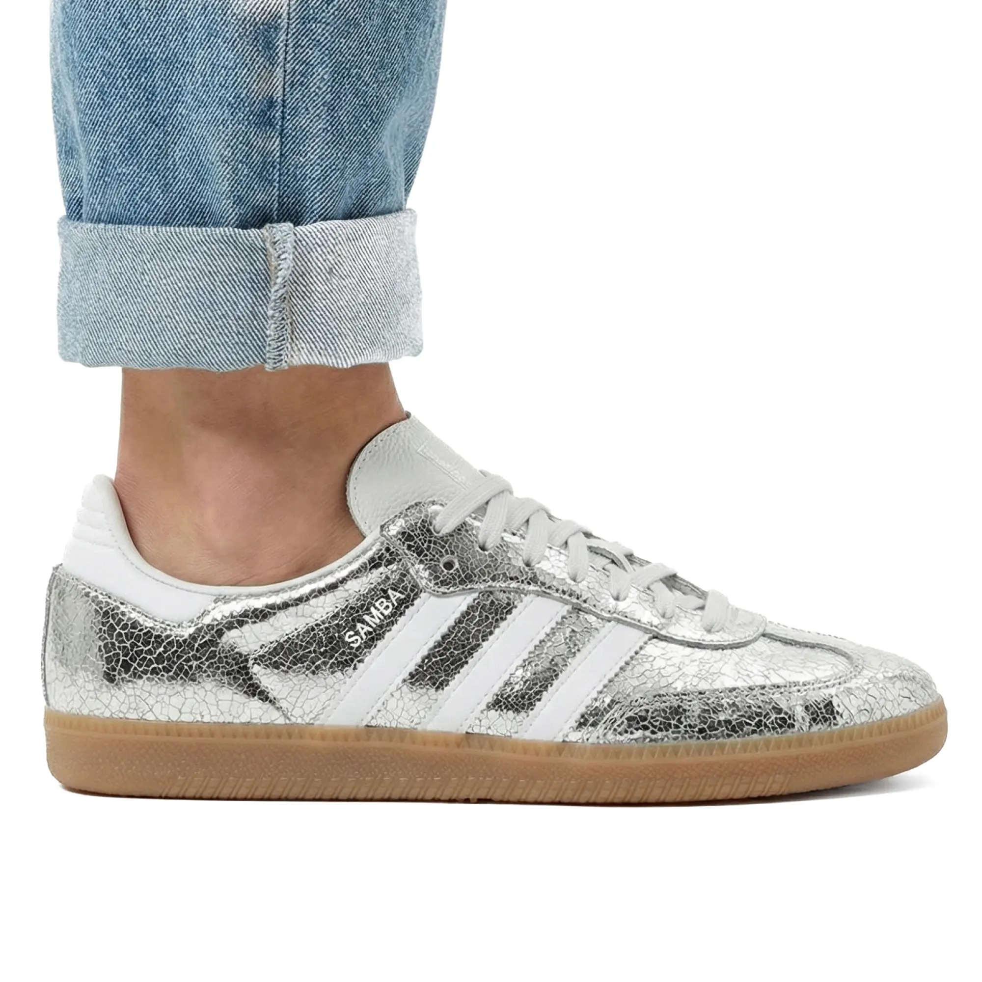 Adidas Samba OG Silver Metallic Cracked Leather Women's Sneakers JR0035 Adidas Samba OG Silver Metallic Cracked Leather Women's Sneakers JR0035