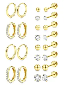 12 Pairs Mixed Style Golden Flat Back Earrings for Women Men Reliable High-quality 304 Stainless Steel Long-lasting Hypoallergenic for Sensitive Ears Comfort Delicate Earring Set Minimalist Small Hoop Earrings Eye-catching Sparkling Zirconia Stud Earrings