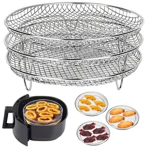 3-piece stainless steel air fryer basket, multi-purpose stainless steel stacking rack, air fryer grill, barbecue mesh, compatible with most air fryers, perfect for making crispy chicken, French fries, oven accessories, circular air fryer accessories