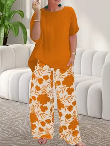 Women's Spring Summer Round Neck Loose Fit Top and Printed Long Pants Casual Set, Comfortable and Stylish for Daily Wear