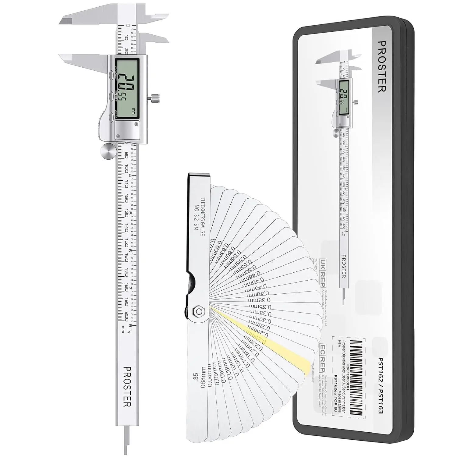 Proster 8inch/200mm Digital Vernier Caliper + 32 Blades Feeler Gauge, Stainless Steel Caliper Measuring Tool, Fraction/Inch/Metric Electronic Caliper with Large LCD Screen