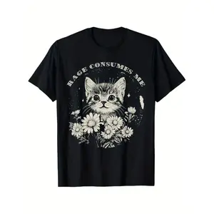 [Funny Cat T-Shirt] Soft Cotton Funny Cat Graphic T-Shirt - 'Rage Consumes Me' Sarcastic Kitten & Flower Design Unisex Y2K White Pony