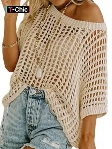 Women's Plain Crochet Sweater, Casual Hollow Out Short Sleeve Cover Up Top for Summer, Fashion Women's Knitwear for Daily Wear Beach Cover Ups Crochet Coverups