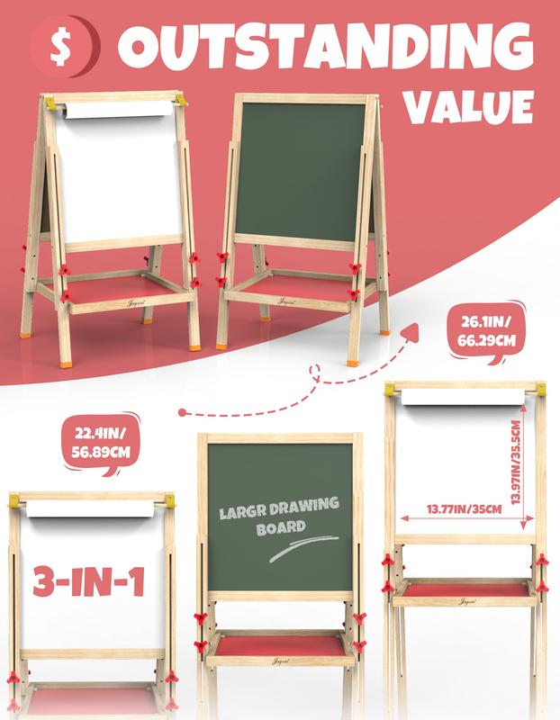 JOYOOSS Easel for Kids Art Easel Kids Easels for Toddlers Easel,Dual-Sided Adjustable Wooden Magnetic Board for Kids 106-RED