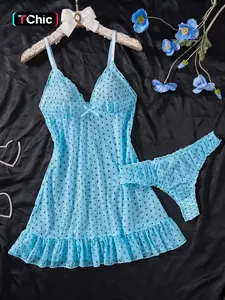 Women's Polka Dot Sheer Mesh Ruffled Sleepwear Set, Elegant Ruffle Hem Nightgown with Bow Front Decor, Comfortable All-Season Fitted Pajamas, Loungewear