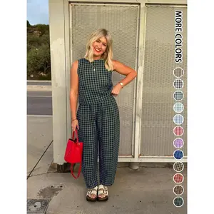 Summer New Women's 2 Piece Set Womenswear Cotton Plaid Sleeveless Crop Top Loose Fit Pocket Nine-Tenths Pants, Beach Vacation Casual Daily Wear