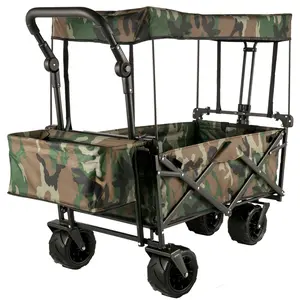 VEVOR Collapsible Folding Wagon with Removable Canopy, Heavy Duty Foldable Wagon Utility Cart for Garden, Camping, Grocery Cart, Beach Wagon Cart with Wheels and Rear Storage, Camouflage