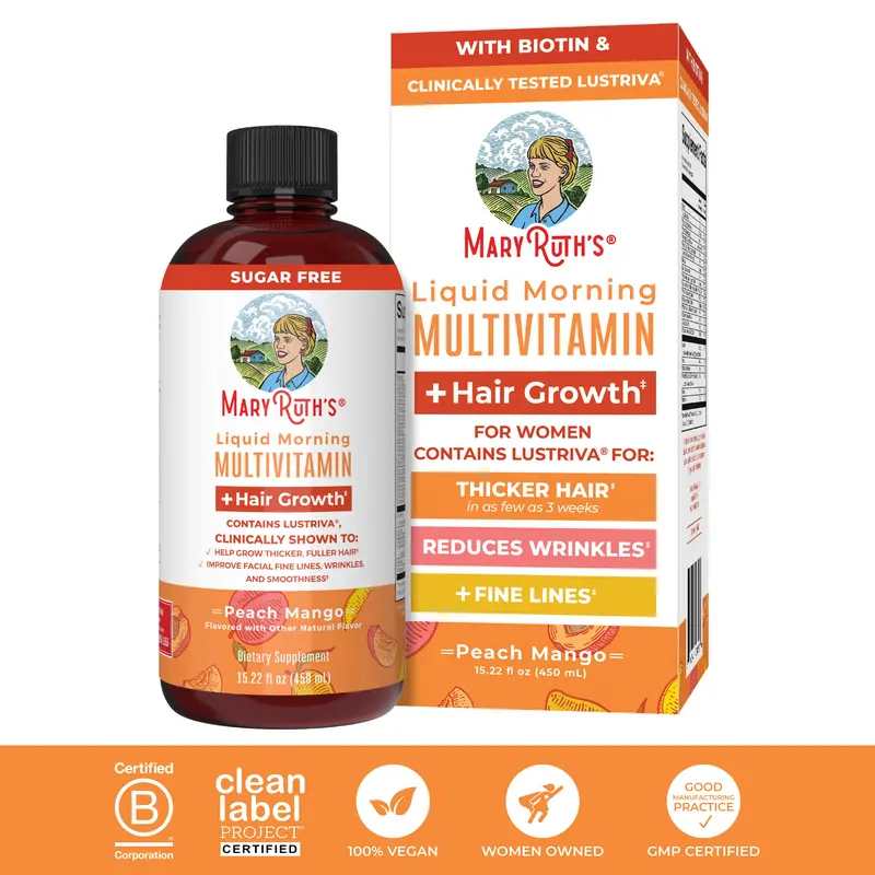 MaryRuth's Liquid Multivitamin + Hair Growth - Clinically Tested Lustriva for Thicker Hair in Women - Improve Facial Wrinkles - Vegan - 15.22 Fl Oz