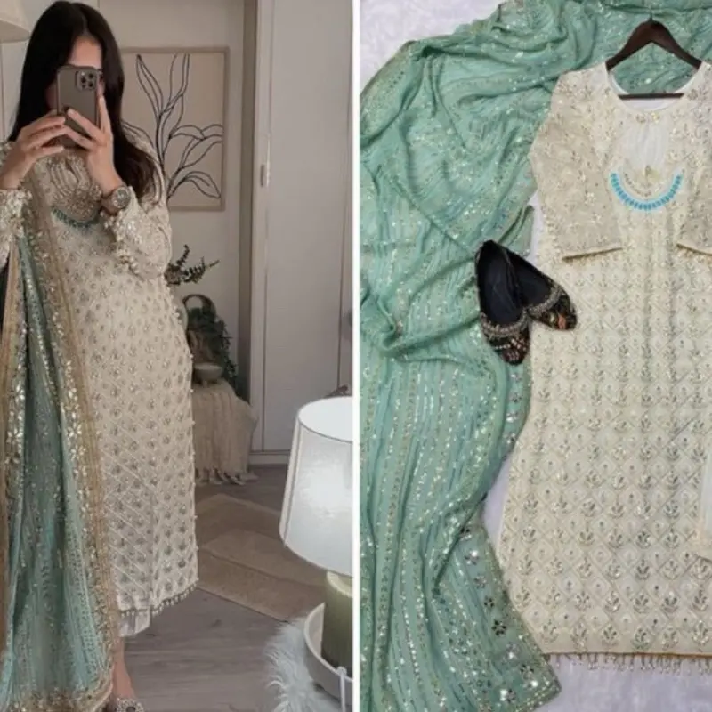 Pakistani Outfits - Casual Women's Outfit with Long Tunic and Dupatta in White & Gold - Vibrant and Diverse Fashion Styles for Cultural Significance Floral Summer Dress