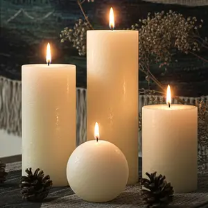 Rustic Textured Pillar Candles Set - 4 Pcs Assorted Sizes Unscented Pillar Candle, Decorative Farmhouse Candles for Home Centerpiece Decor, Holiday Dinner Table, Dripless & Smokeless