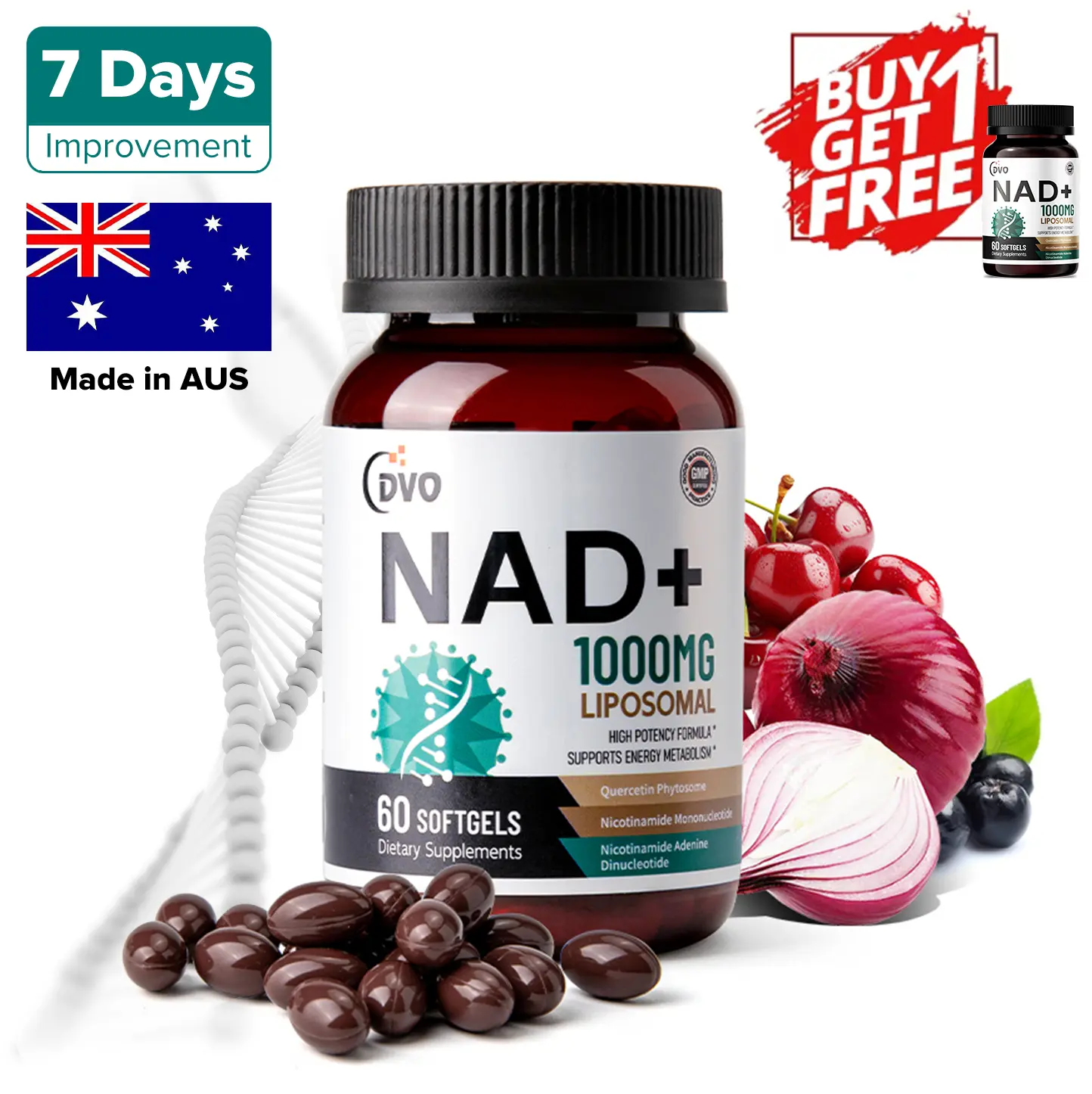 [Buy 1 Get 1 Free] DVO NAD+ Supplement for Women's Skin Aging, Energy and Focus, NAD+ Supplement 1000 mg - Nicotinamide Mononucleotide, 60 Capsules