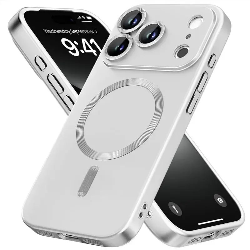 TPU Protective Casing for iPhone 13 Pro,13 Pro Max,14,15,16,17 Series - Magnetic, Anti-Drop, Shockproof Bumper, Matte Metallic Finish Smartphone Handheld Cellphone Device Accessory with Camera Lens Protector