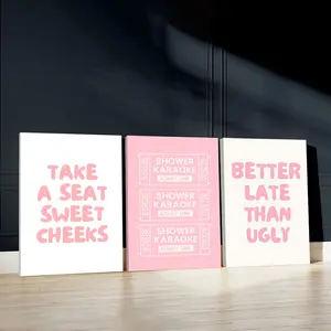 3pcs Shower Karaoke Wall Art, Tickling Phrases Poster, Whimsical Humor Art Prints, Pink Aesthetic Home Decor, Modern Wall Paintings, Cozy Canvas Posters Wall Arts, Decor for Living Room, Restaurant, Kitchen, Bedroom, Housewarming Gift, With Frame