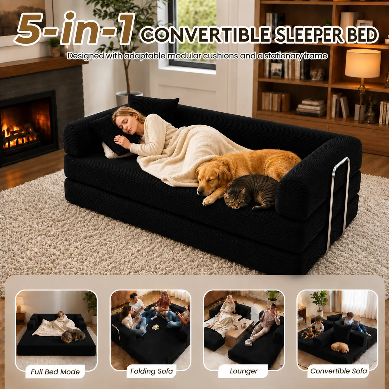Compressed Corduroy Boneless Cloud Sofa Bed, Available Sizes: 31.5"/53"/59"/79", 5-in-1 Convertible Pull-Out Sleeper Couch, Portable Lazy Floor Lounge Chair, No Assembly for Apartments & Dorms