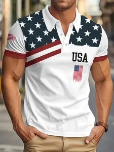 Men's Usa Flag Print Polo Shirt, Casual Patriotic Blue Style, Loose-Fitting Hoodie Jumper for All Seasons