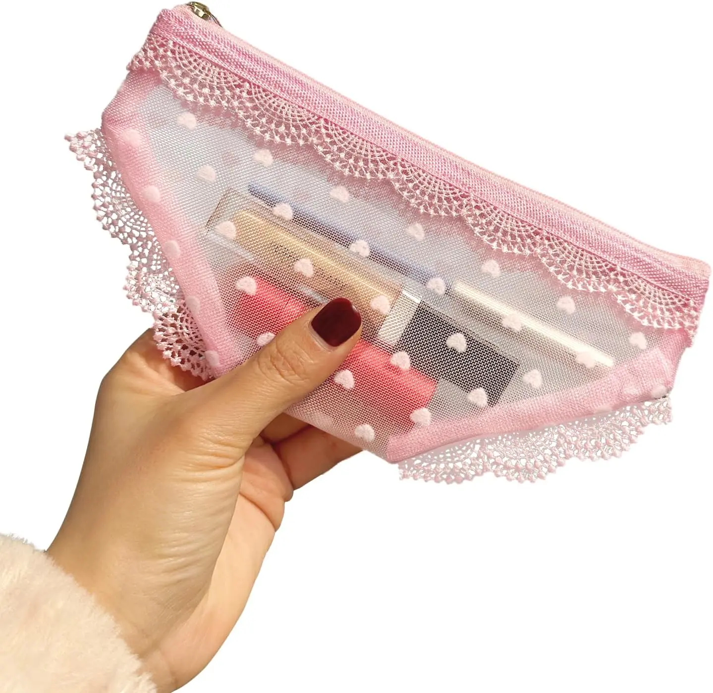 Lace Mesh Transparent Triangle Mini Makeup Pouch with Heart Pattern, Pink