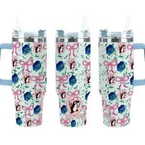 Buc-ee’s Floral Bow 40oz Insulated Tumbler with Handle and Straw – Coquette Aesthetic Pink & Blue Flower Pattern – Buc-ee's Mascot "Coquette Style" Tumbler - 40oz Quencher Cup featuring Vintage Pink Bows, Blue Peonies, and Floral Vine Pattern