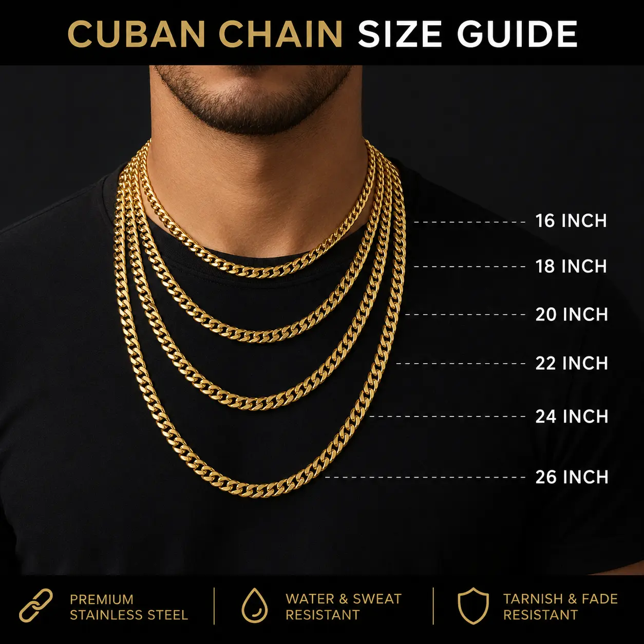 18K Gold Plated Cuban Link Chain Necklace | Stainless Steel | 16"-26" | Tarnish Resistant | Men’s Chain 18K Gold Plated Cuban Link Chain Necklace | Stainless Steel | 16"-26" | Tarnish Resistant | Men’s Chain