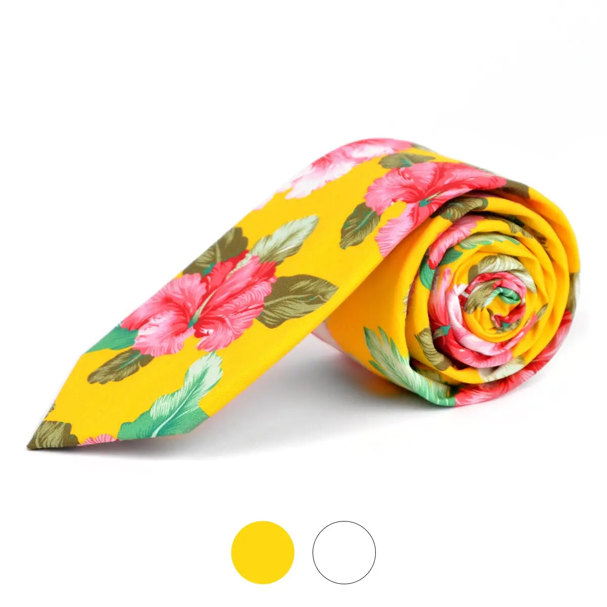 Men's Floral Cotton Tie, Modern Slim 2.5" Fashion Accessory for Weddings and Spring Events - Yellow or White Parquet, Gift Sets, 2.5 Inches Wide, 57-Inch, Flower Accents Neckties