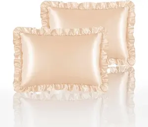 Silky Satin Ruffled Pillow Cases for Hair and Skin, Standard Set of 2 with Envelope Closure Princess Room Decoration